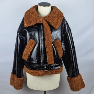 BLANK NYC Moto Jacket Vegan Patent Leather Faux Shearling Black Copper M NWT